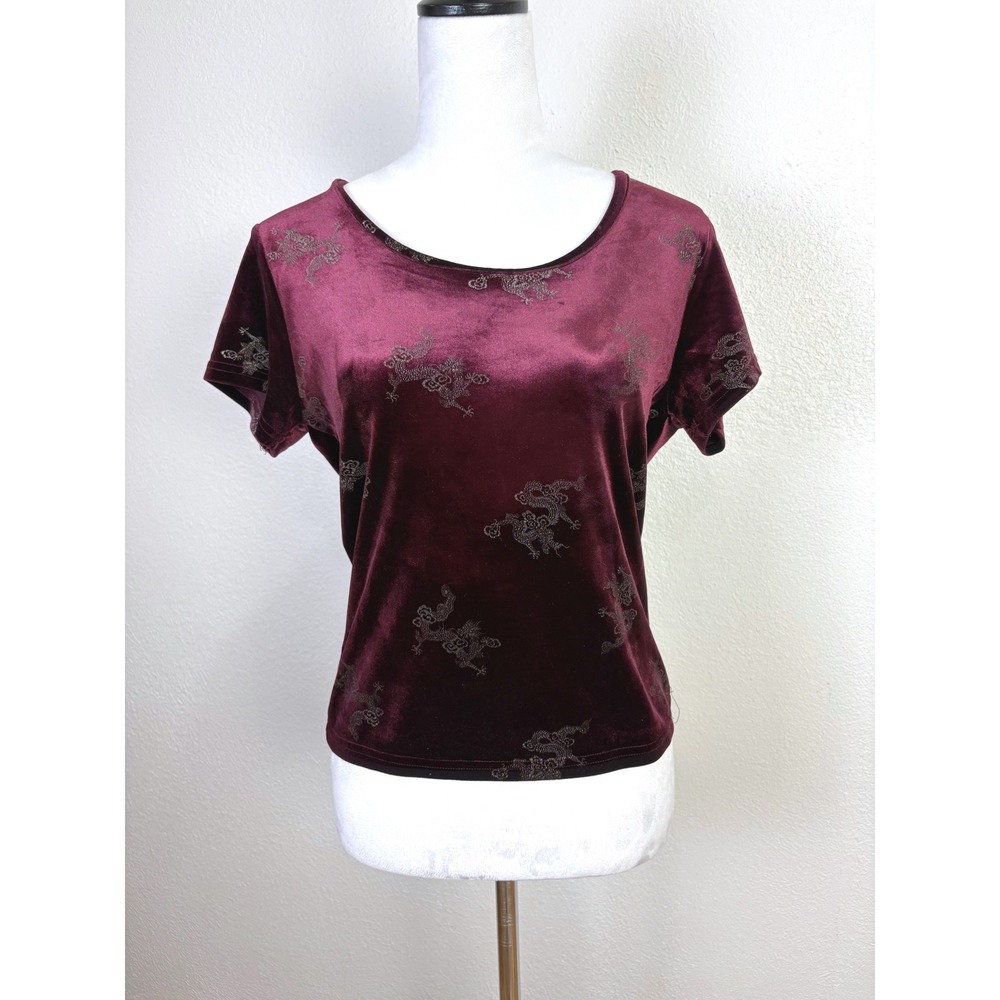 Y2K Vintage‎ Maroon Velvet Dragon Graphic \ Shirt Size Medium Whimsigoth 2000s